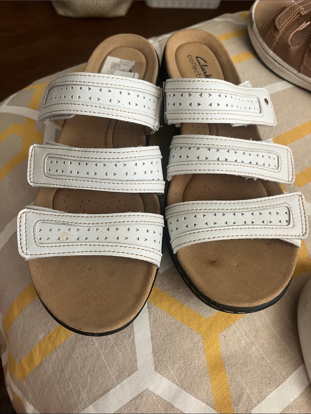 Clarks White Triple-Strap Casual Slide Sandals